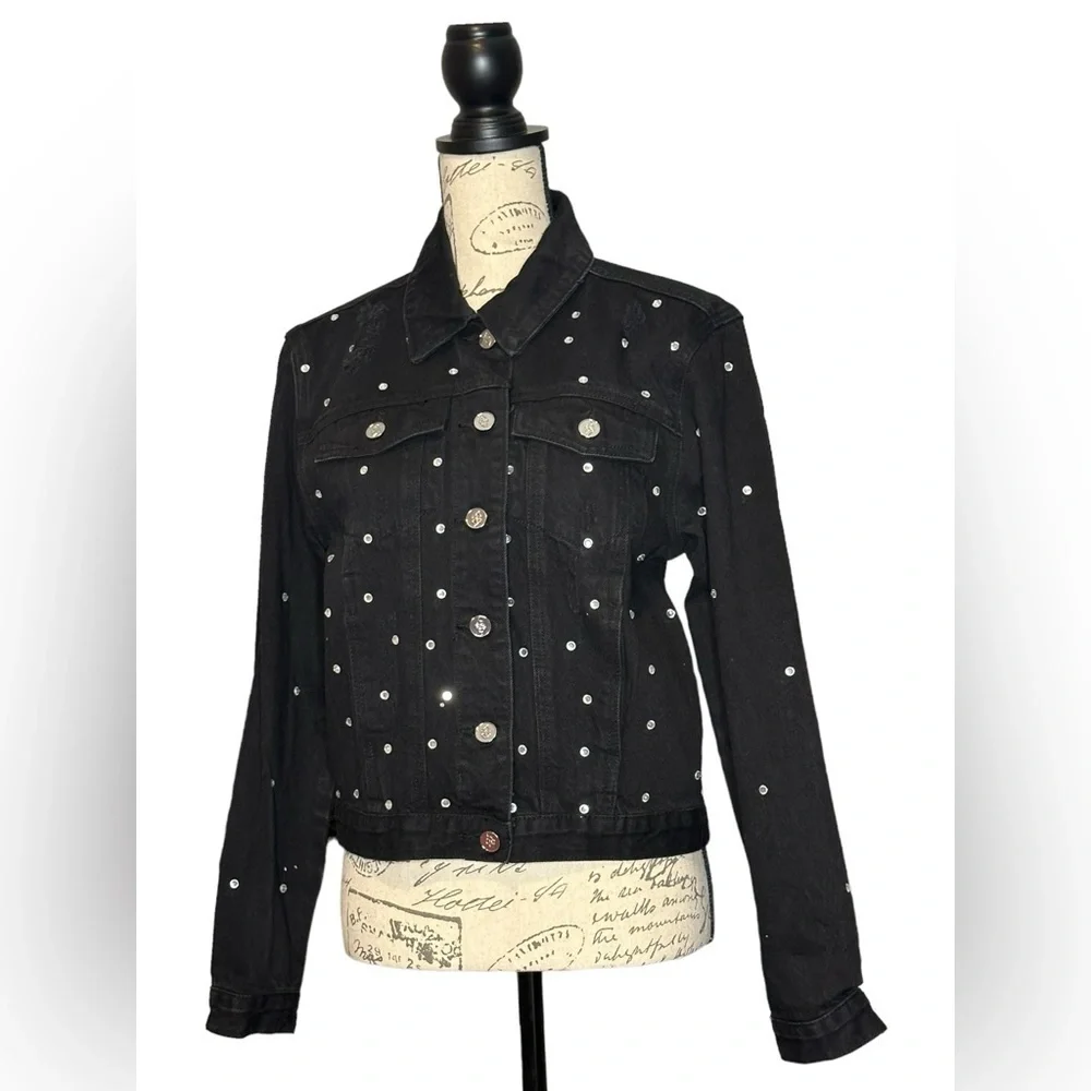 Bebe Black Distressed Rhinestone Denim Jacket Crystals Embellished New Small